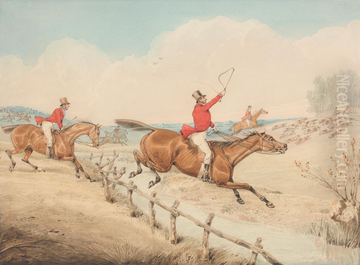 Jumping a Low Rail and a Brook Oil Painting by Henry Thomas Alken