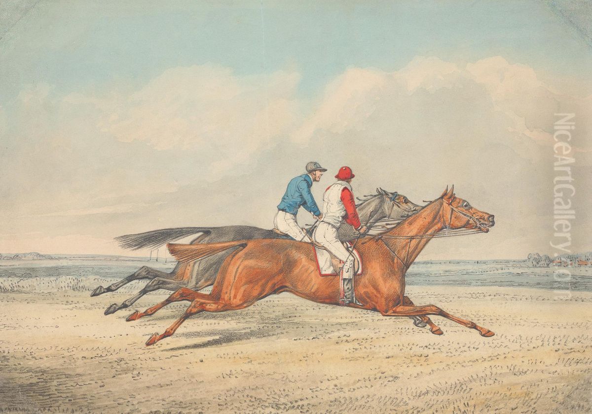 Two Jockeys Galloping Neck and Neck to Right Oil Painting by Henry Thomas Alken