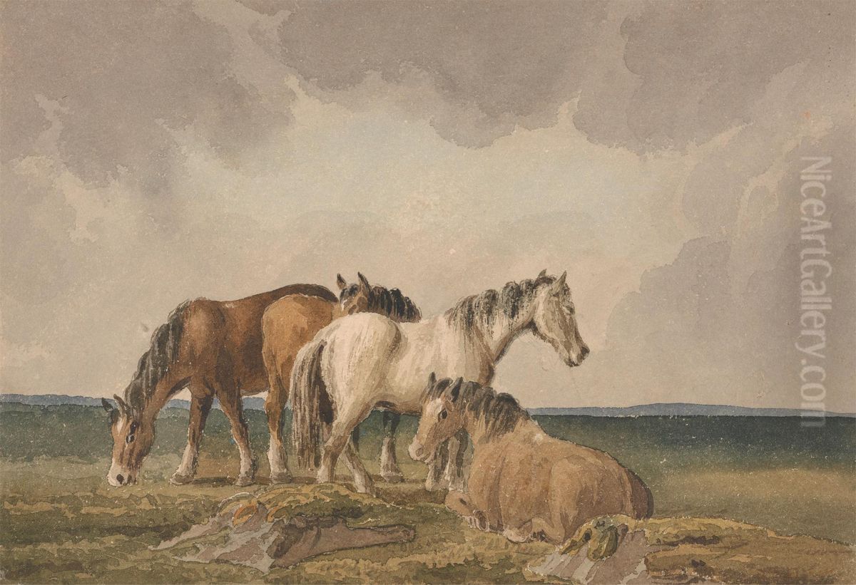 Four Ponies on a Welsh Moor Oil Painting by Thomas Creswick