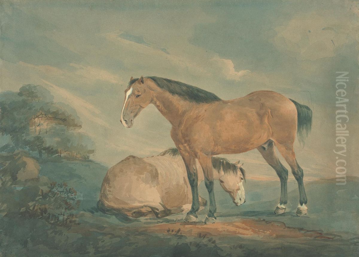 Two Bay Horses in a Landscape Oil Painting by Sawrey Gilpin