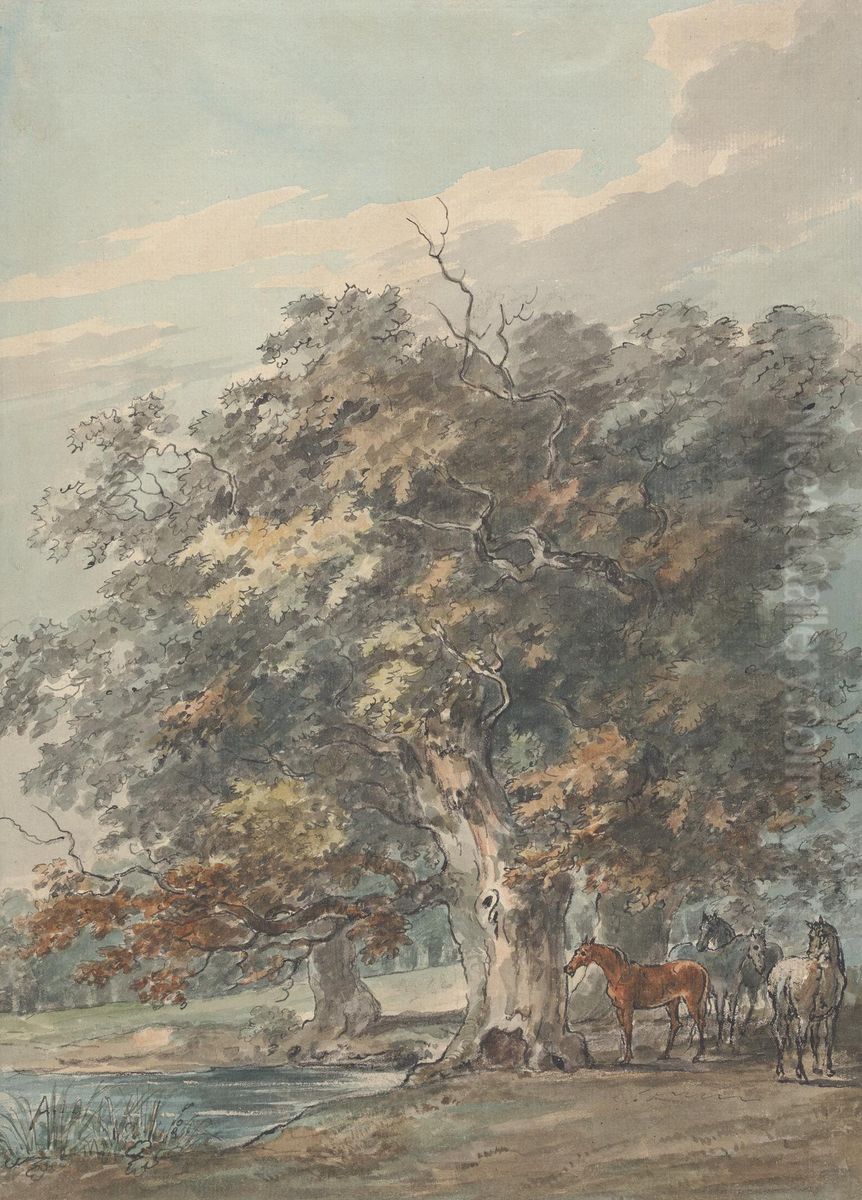 Four Horses Standing in a Group in the Shade of Large Trees by Water Oil Painting by Sawrey Gilpin