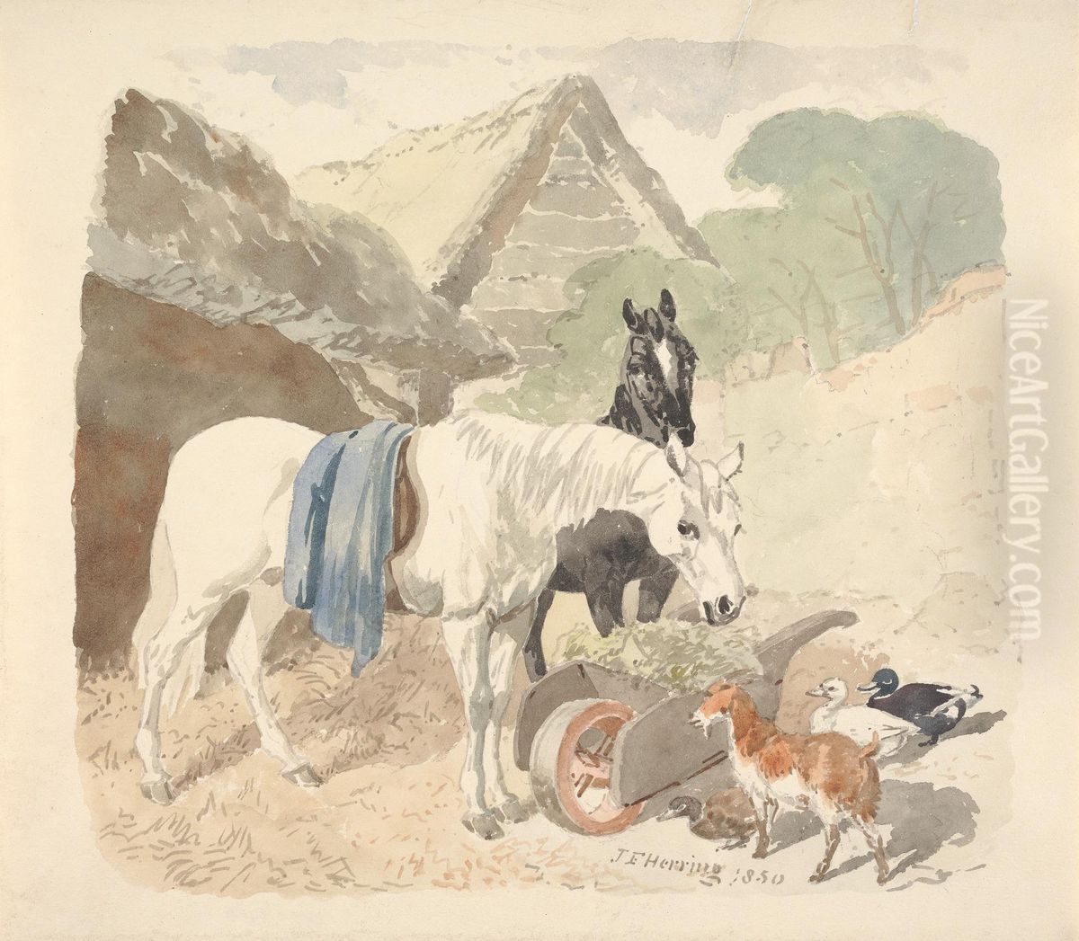 Two Horses Eating From a Wheel-Barrow Watched by a Goat and Three Ducks Oil Painting by John Frederick Herring, Sr.
