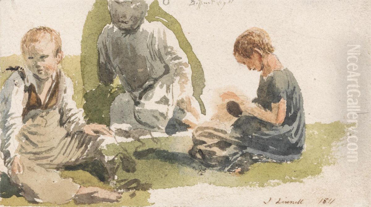 A Study of Children Oil Painting by John Linnell