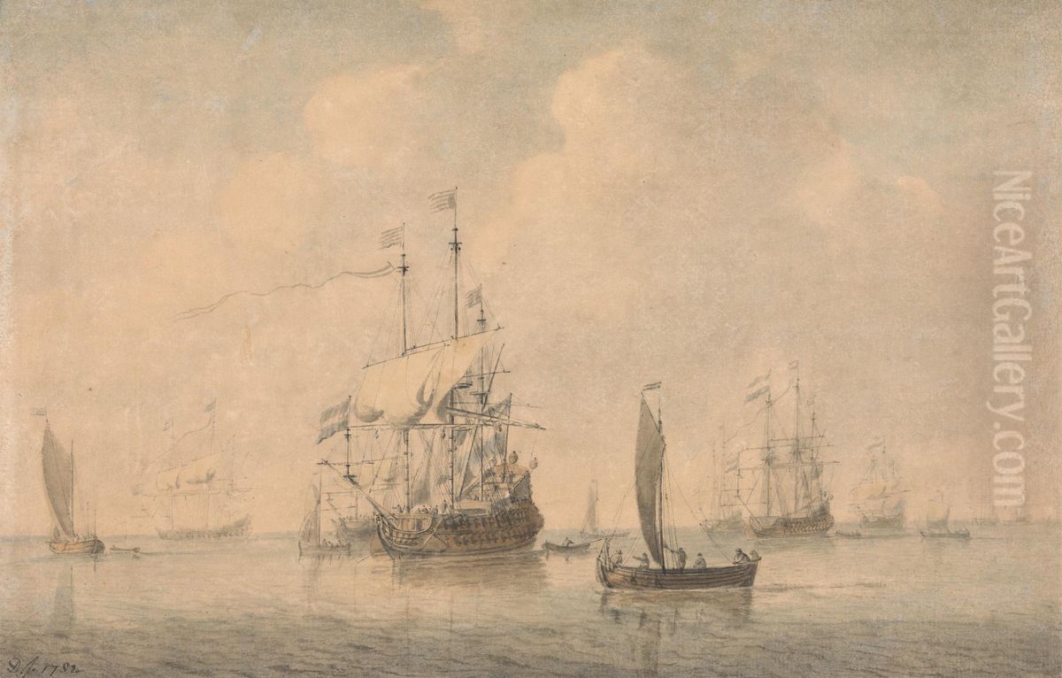 Warships Preparing to Sail from their Anchorage Oil Painting by Dominic Serres