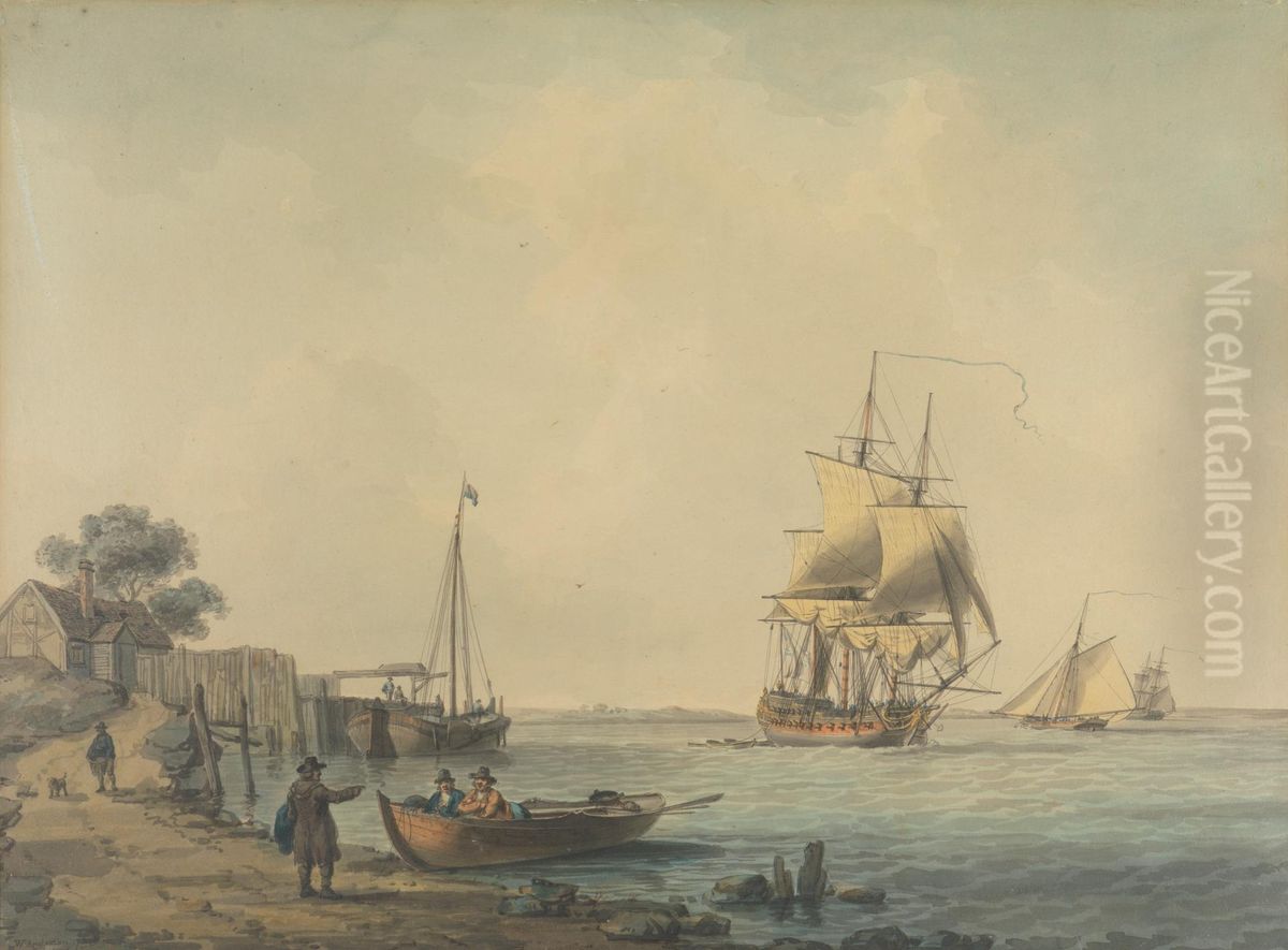 A Two-Decker Running up the Estuary with Figures on the Beach in the Foreground Oil Painting by William Anderson