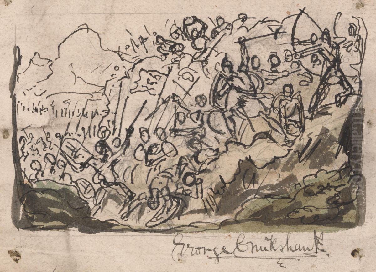 Sketch for the Scene of a Battle Oil Painting by George Cruikshank I