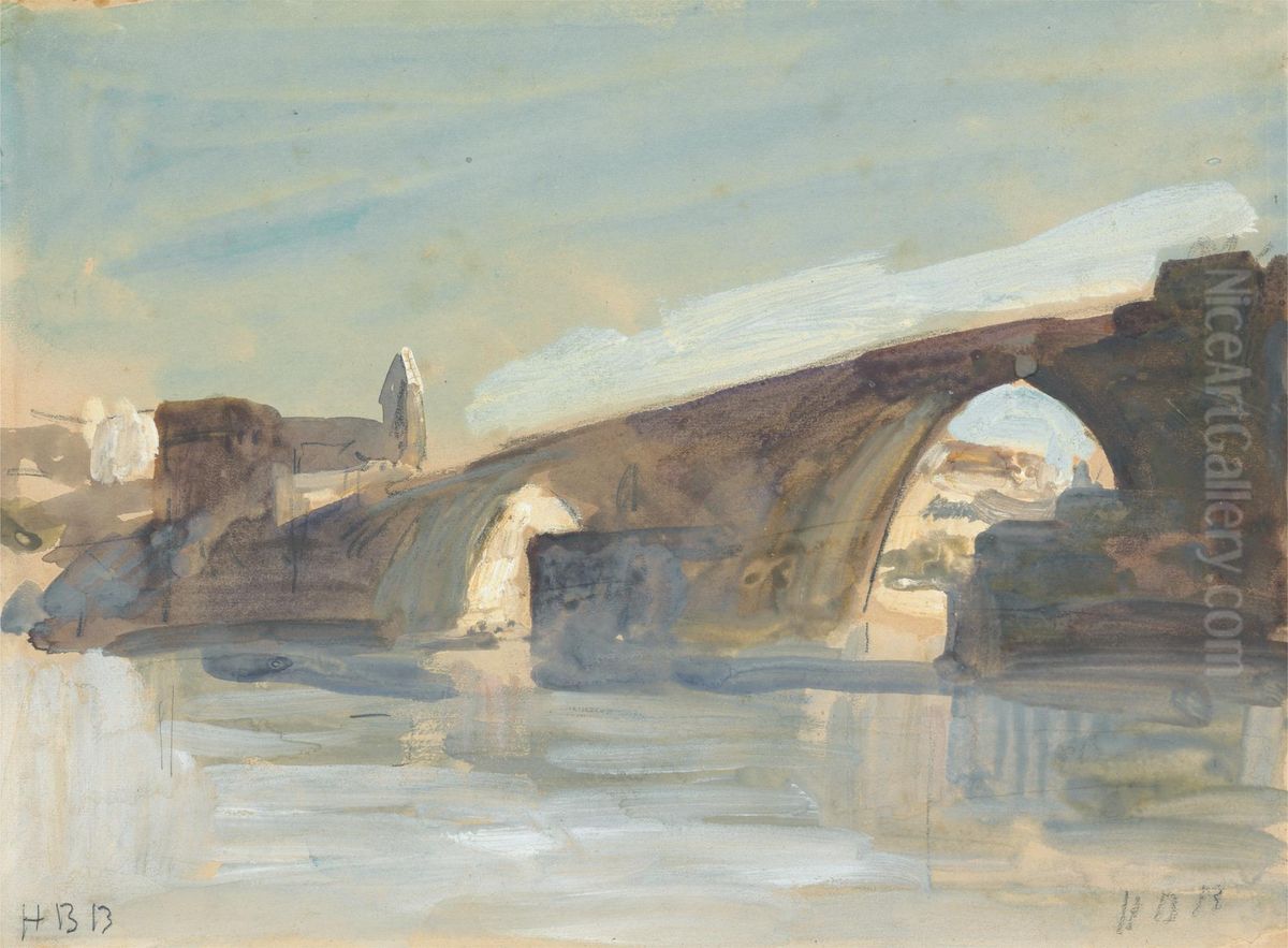 A Bridge Oil Painting by Hercules Brabazon Brabazon