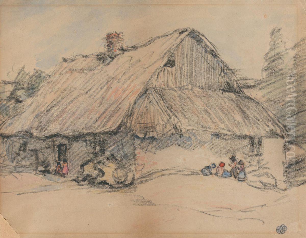 Farmhouse with Children Oil Painting by Robert Bevan