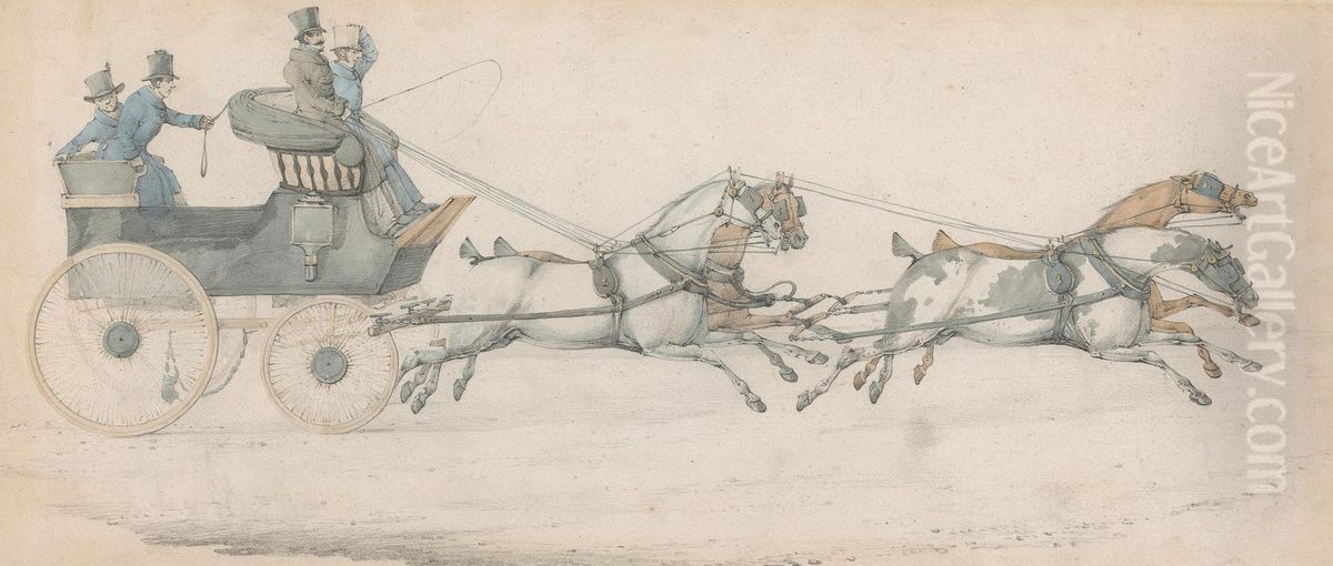 A Gentleman driving a four-in-hand to a Mail Phaeton, accompanied by three grooms Oil Painting by Henry Thomas Alken