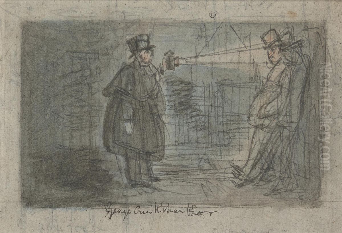 Watchman shining a torch on a Drunken Figure Oil Painting by George Cruikshank I