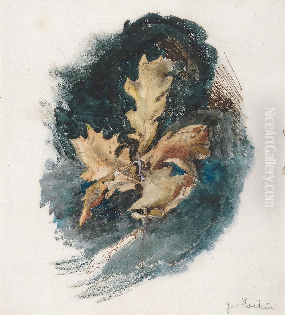 Study of an Oak Leaf Oil Painting by John Ruskin