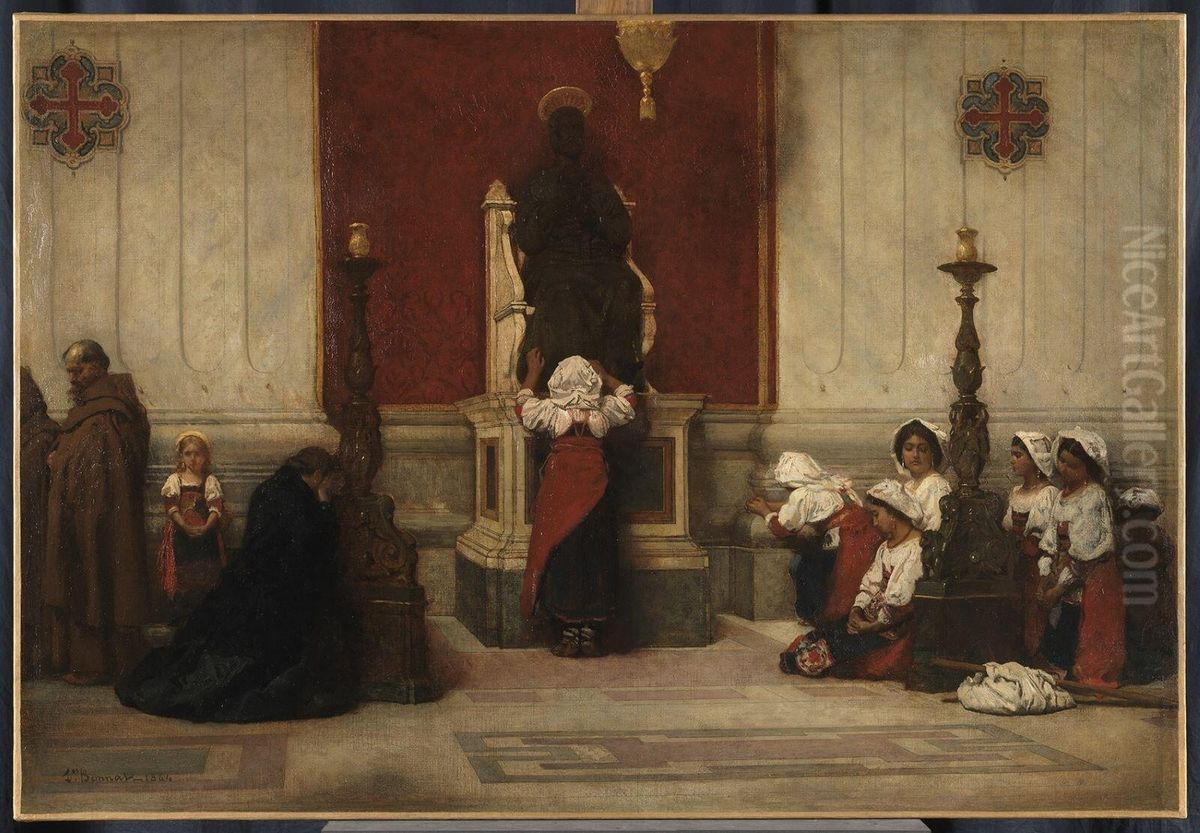 Les pelerins au pied de la statue de Saint Pierre dans l'eglise Saint-Pierre Oil Painting by Leon Bonnat