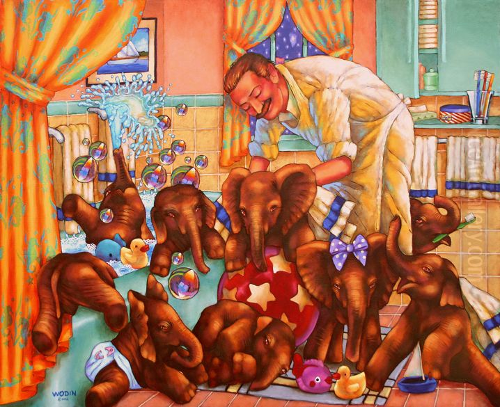 Daddy God Bathing Baby Elephants Oil Painting by Steve Jameson