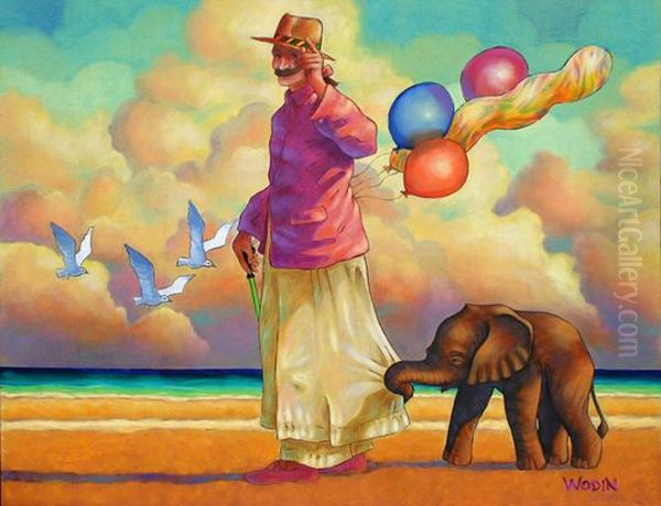 Daddy God Walking Baby Elephant Oil Painting by Steve Jameson