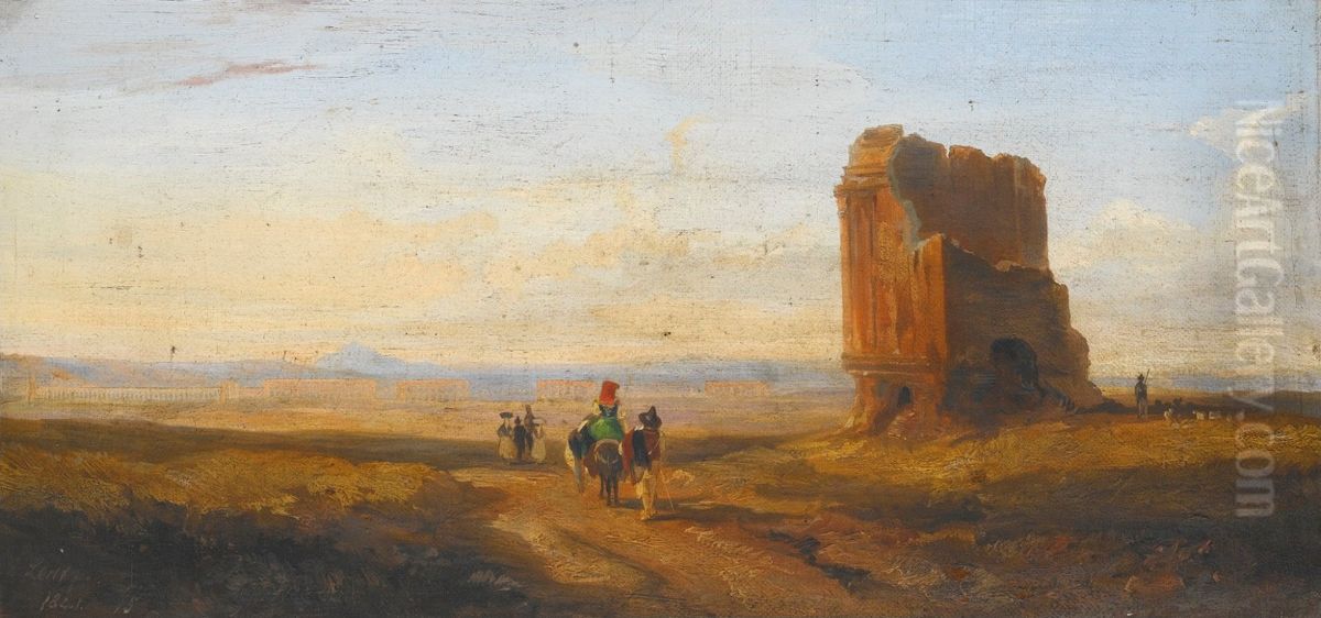 A View of the Roman Campagna with Travelers Passing a Ruined Brick Tomb, an Aqueduct in the Distance Oil Painting by Edward Lear