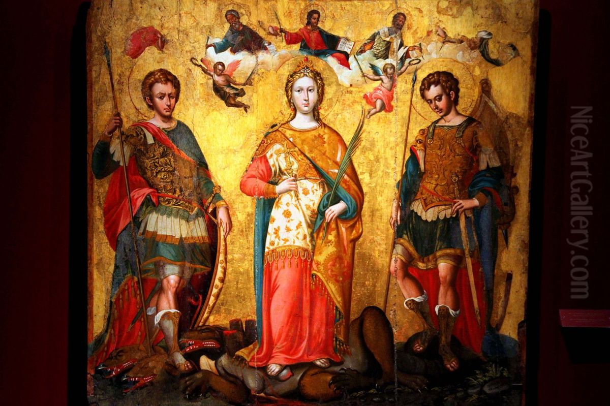 Saints Sergius, Bacchus and Justina Oil Painting by Michael Damaskinos