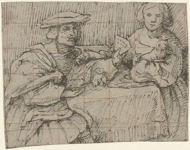 Portrait of a man and a woman at a table Oil Painting by Lorenzo Lotto