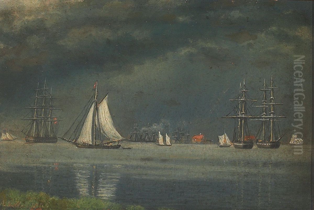 View from Langelinie towards Trekroner, Copenhagen Denmark. Oil Painting by C. A. Kolle