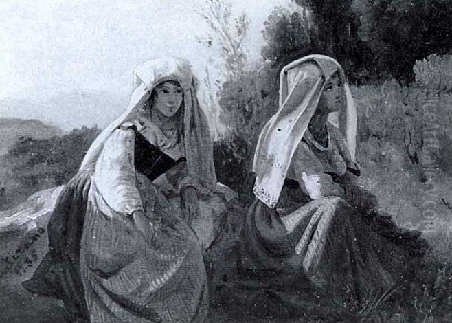 Two young Italian women in their country dress Oil Painting by Antoine Xavier Gabriel Gazeau