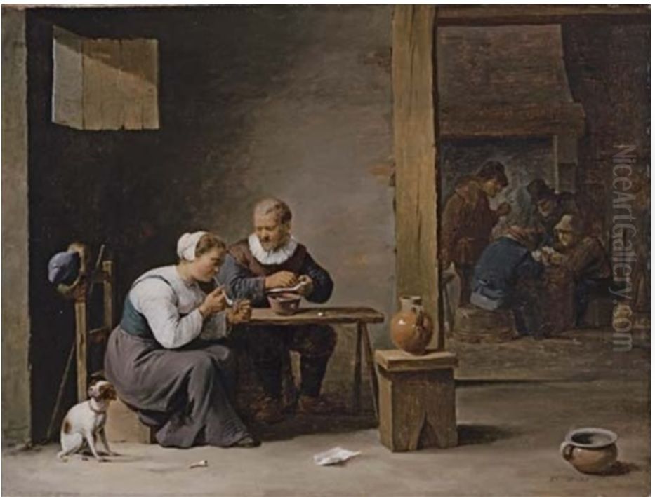 A man and woman smoking a pipe, seated in an interior, with peasants playing cards beyond Oil Painting by David Teniers the Younger