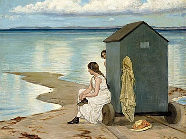 Bathing girls at Hornbaek beach. Oil Painting by Axel Helsted
