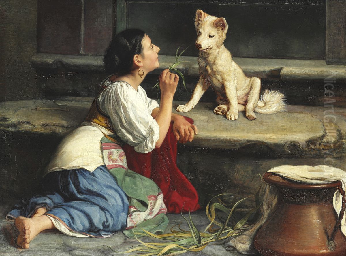 A young Italian woman playing with a dog Oil Painting by Axel Helsted