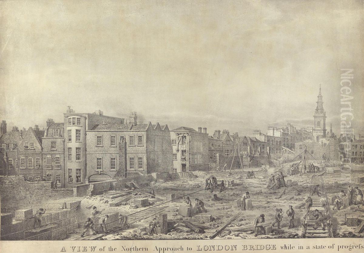 A View of the Northern Approach to London Bridge while in a state of Progress Oil Painting by George Johann Scharf