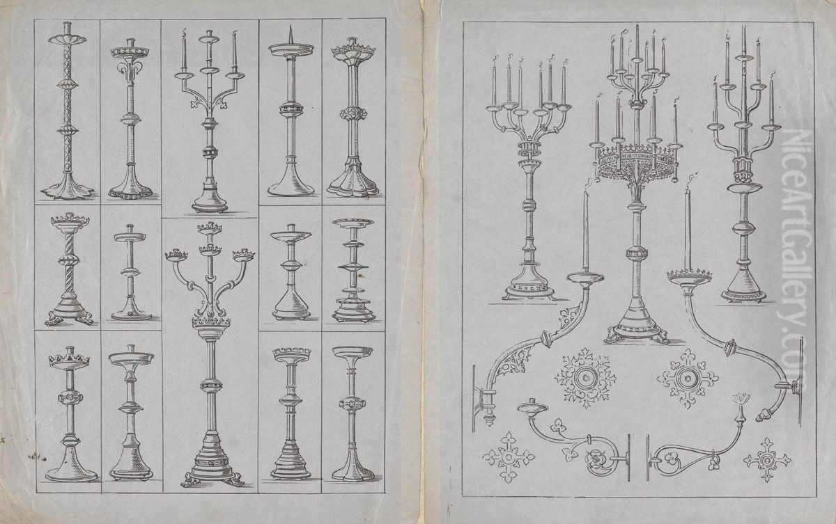 Designs for Gothic Candle Sticks and Branches Oil Painting by Augustus Pugin