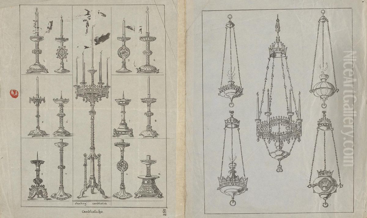 Designs for Gothic Standing Candlesticks and Incense Burners Oil Painting by Augustus Pugin