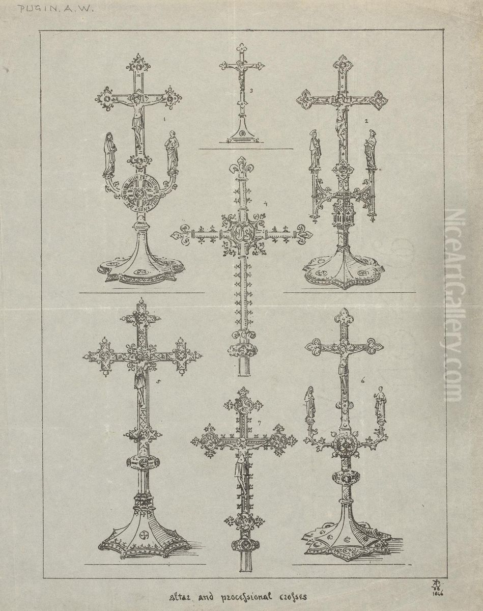 Designs for Altar and Processional Crosses Oil Painting by Augustus Pugin