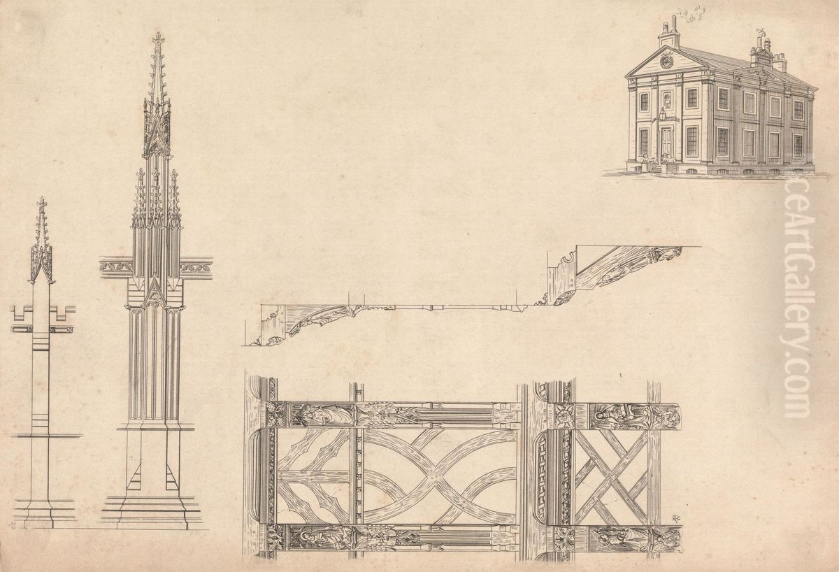 a House, A Gothic Spires and Ornamentation Oil Painting by Augustus Pugin