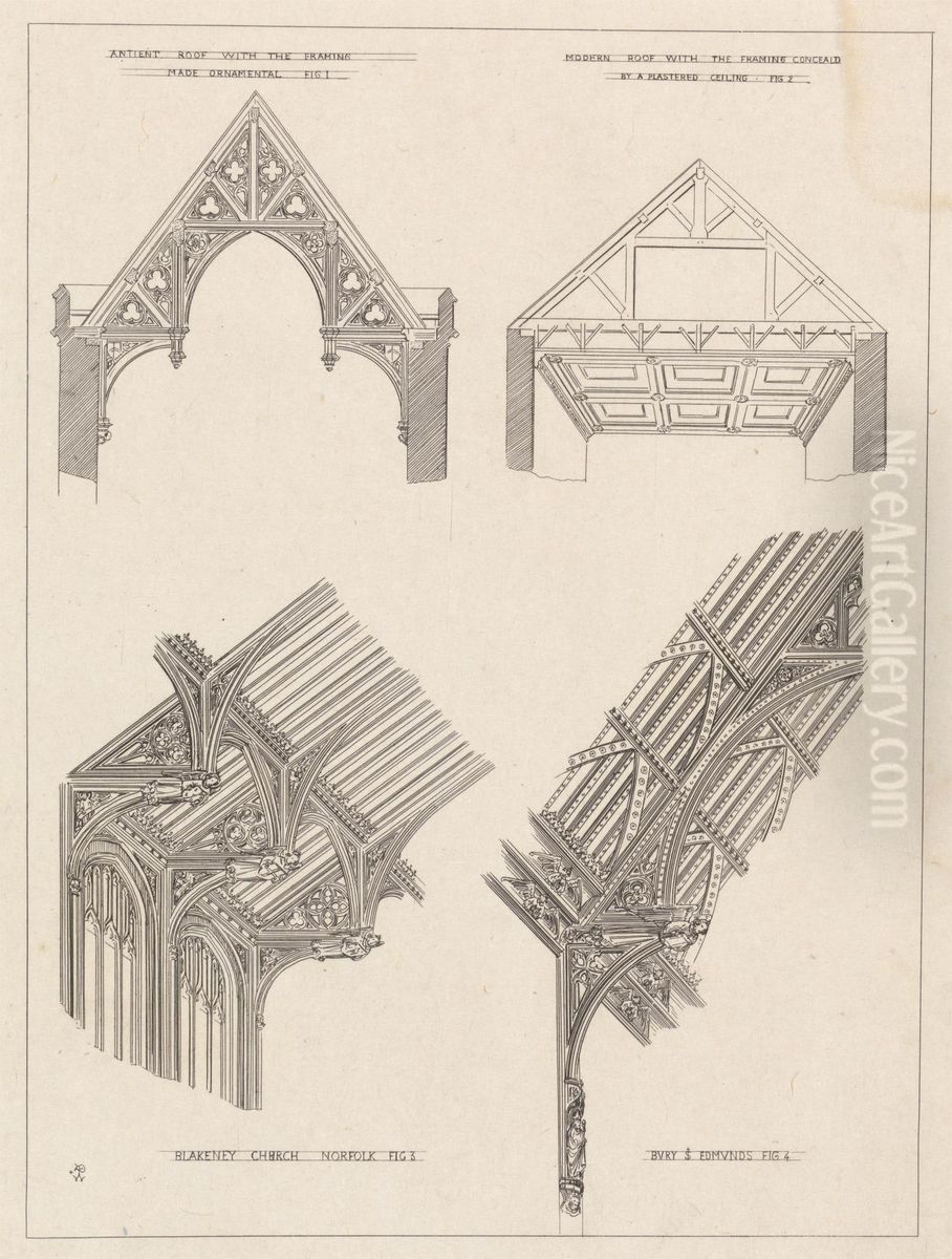 Sketches of Antient (sic) Roof with Framing Made Ornamental, Fig. 1: Modern Roof with the Framing Conceald (sic) by a Plastered Ceiling, Fig. 2; Blakeney Church Norfolk, Fig. 3; Bury St Oil Painting by Augustus Pugin