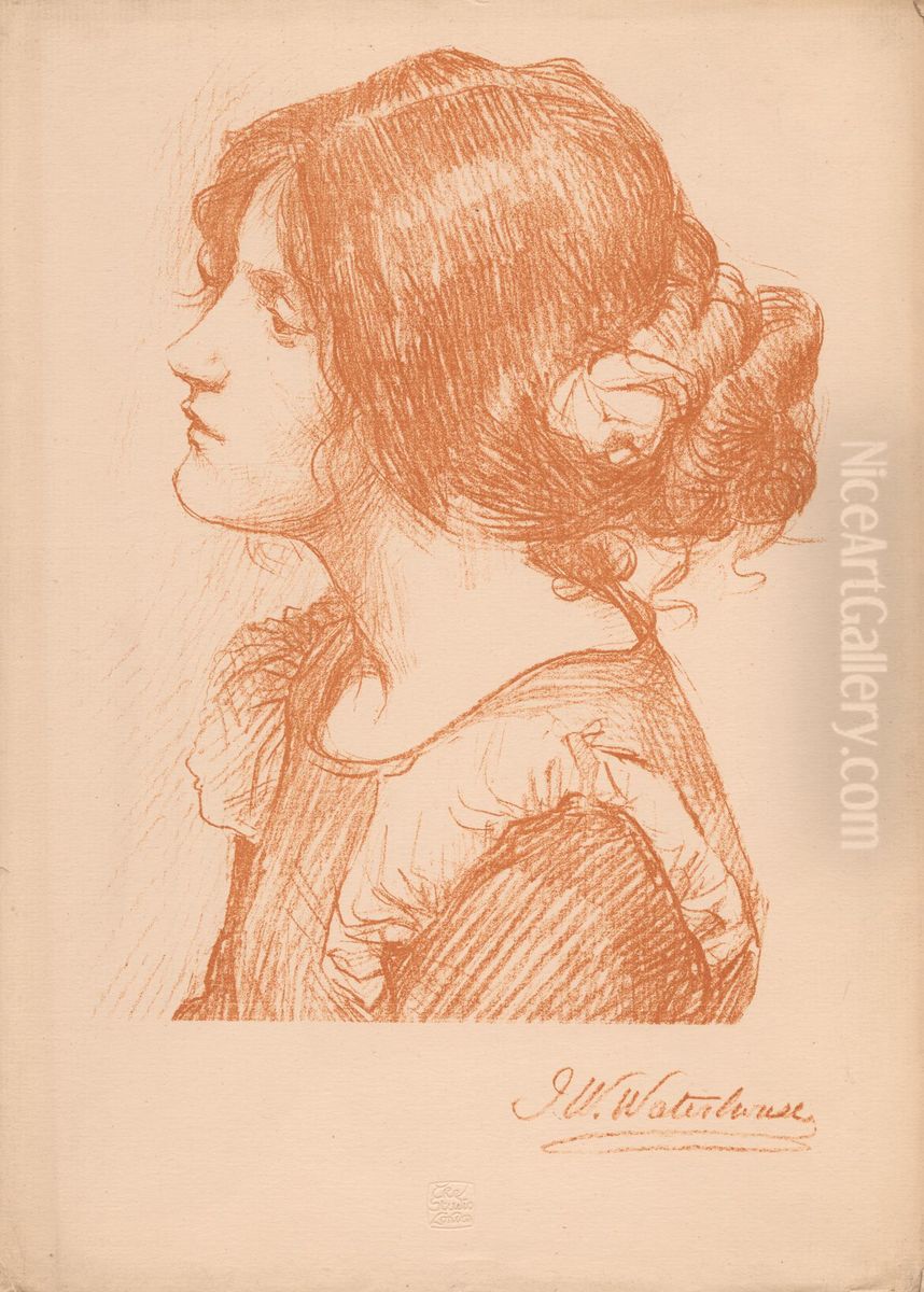 Head of a Woman (Various lithographs from 'The Studio' journal) Oil Painting by John William Waterhouse