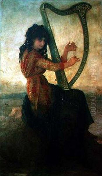 Muse en dalmatique jouant de la harpe Oil Painting by Ernest Hebert