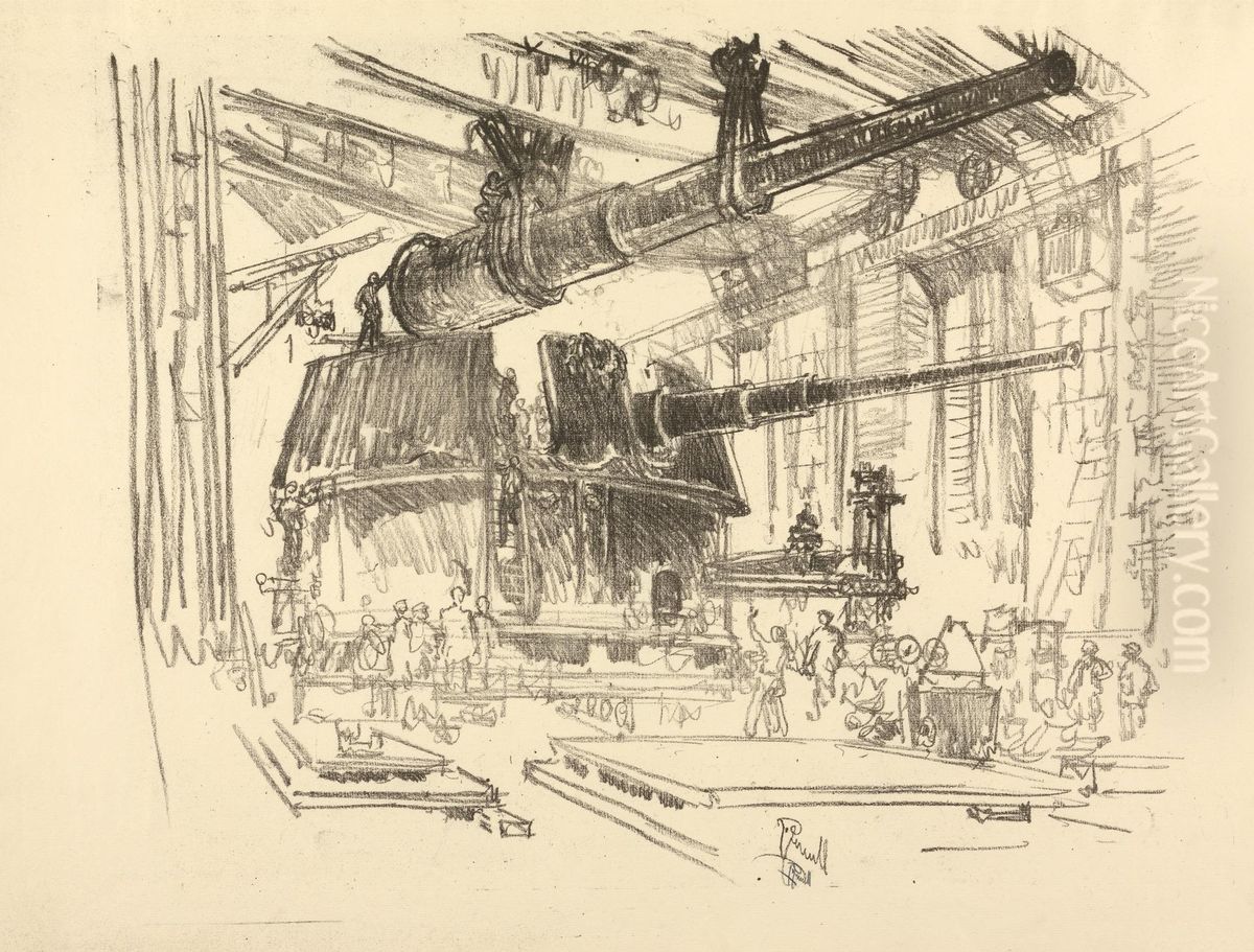 W. 448 Fitting Guns in Turrets Oil Painting by Joseph Pennell