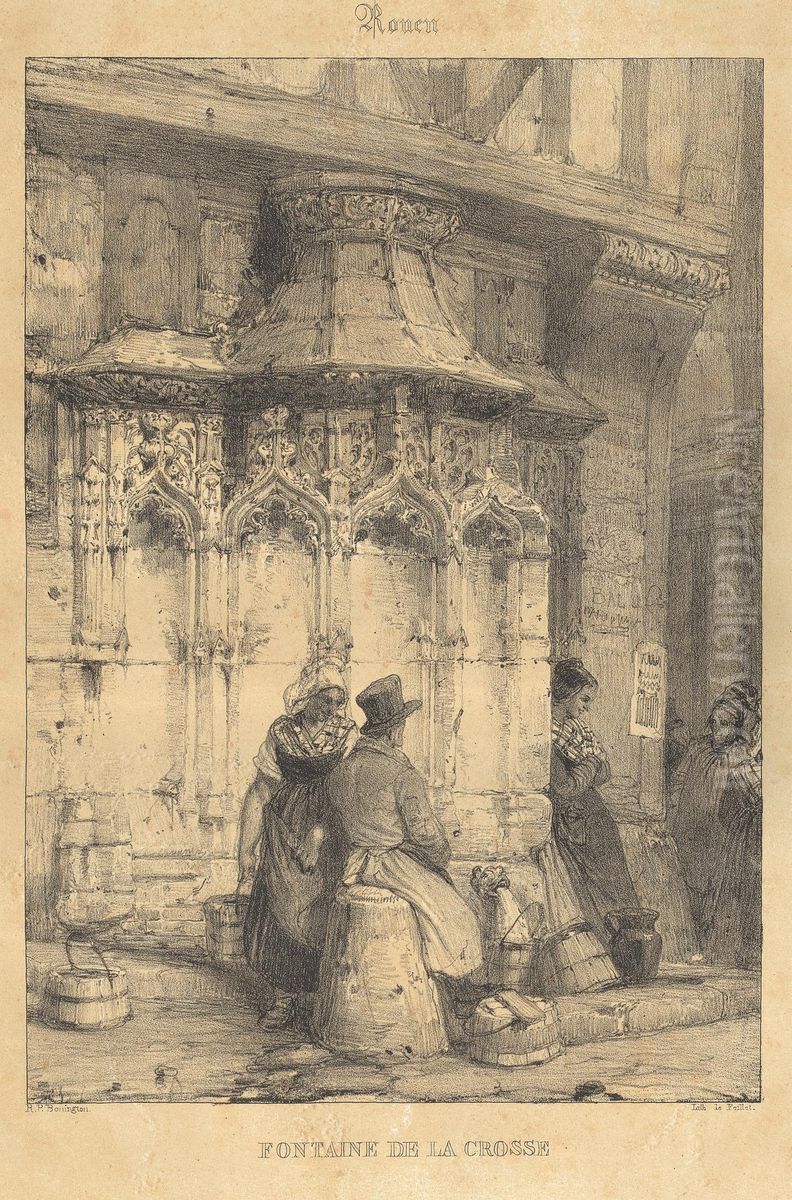 Rouen - Fontaine de la Crosse Oil Painting by Richard Parkes Bonington