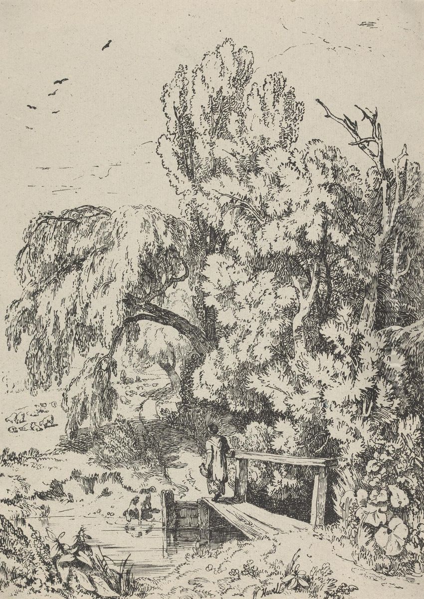 Landscape with Trees, Girl Crossing a Footbridge Oil Painting by William Havell