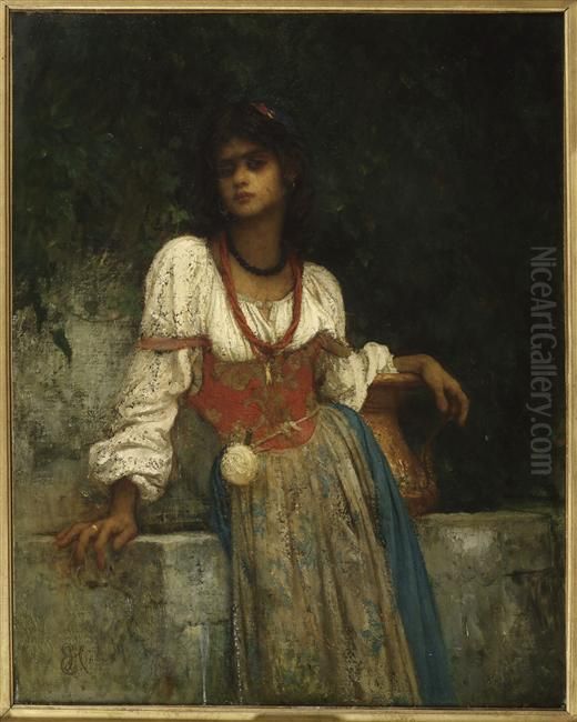Rosa Nera at the fountain Oil Painting by Ernest Hebert