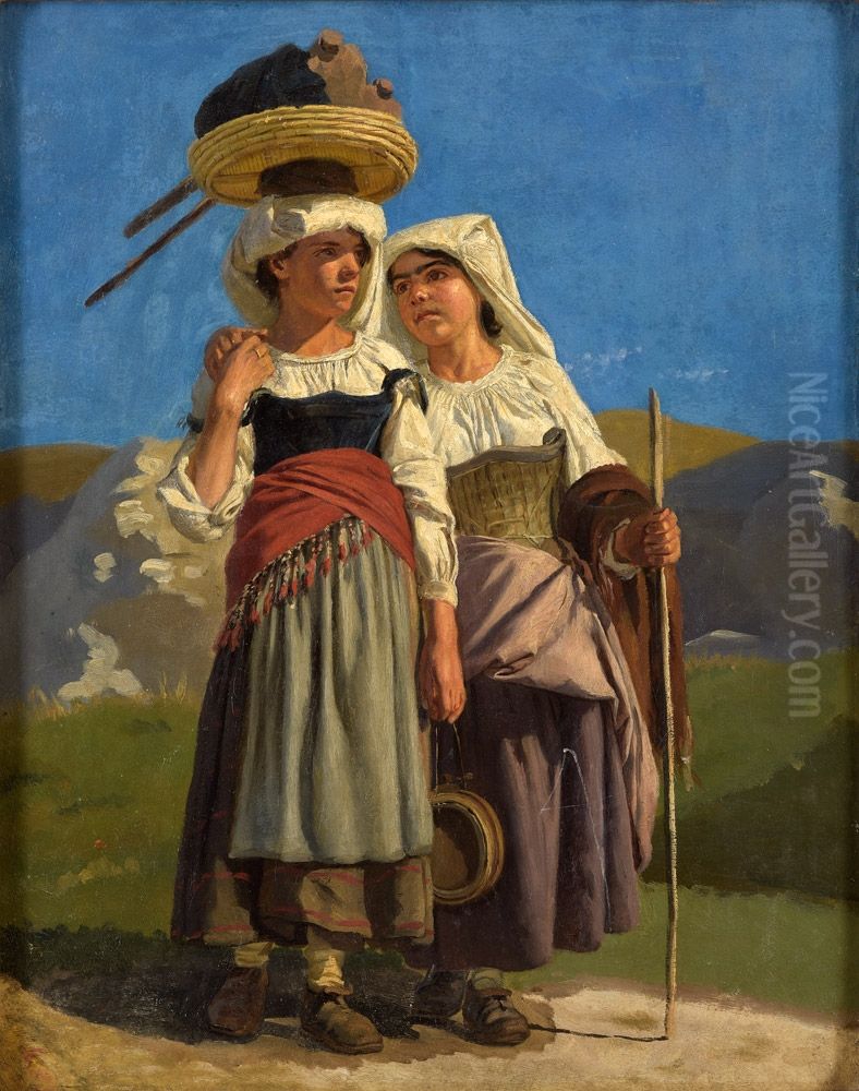 Two Roman girls near Cervara Oil Painting by August Weckesser