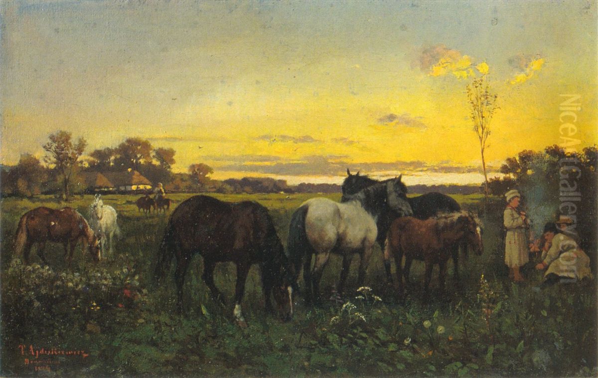 Konie na pastwisku Oil Painting by Tadeusz Ajdukiewicz