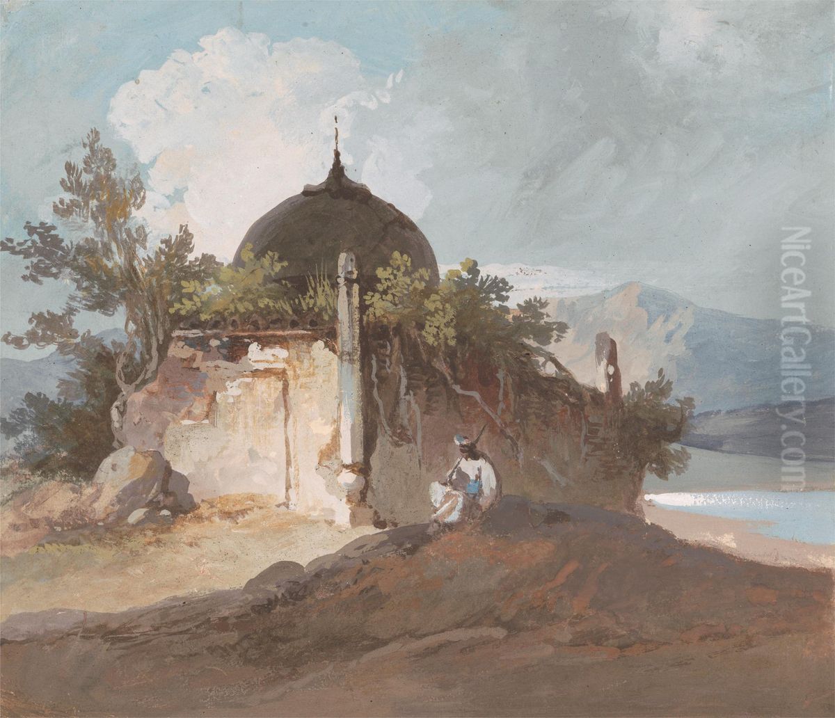 Figure Seated by an Indian Temple Oil Painting by George Chinnery