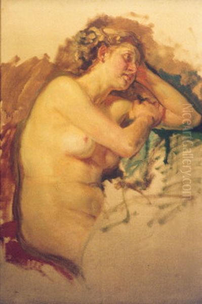 akt siedzacy przy stole (niedokonczony) Oil Painting by Boleslaw Barbacki