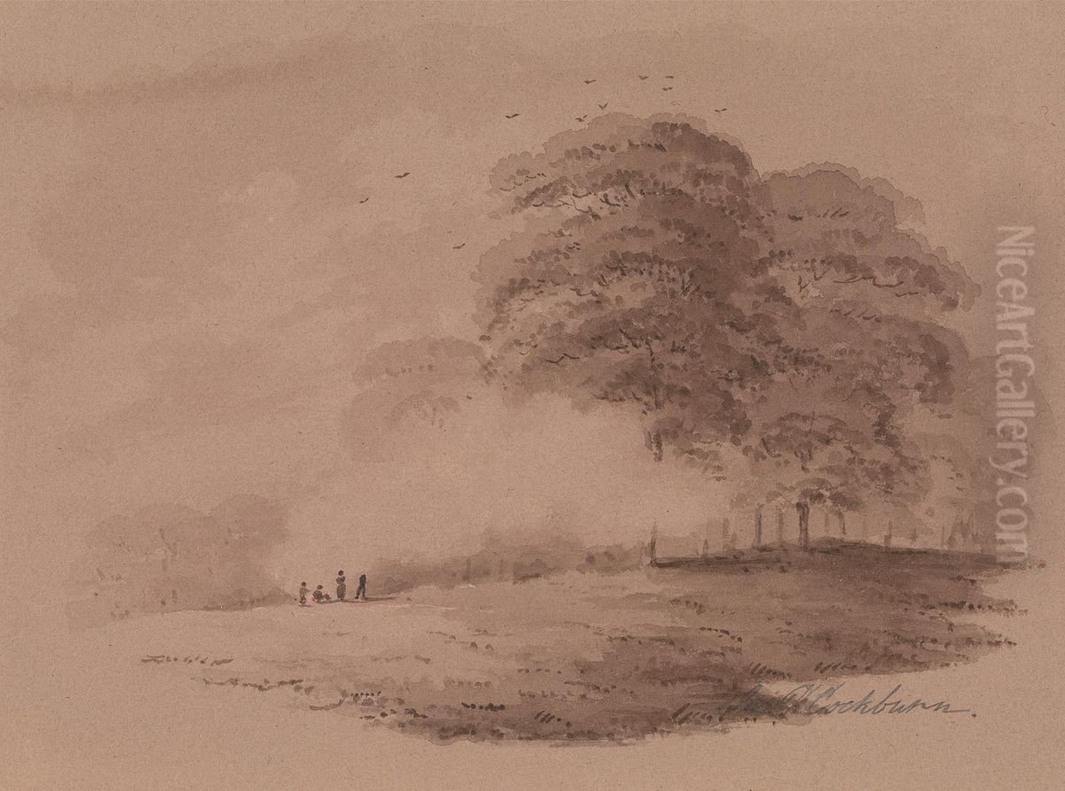 Group of Figures Round a Distant Bonfire in a Wood Oil Painting by Cockburn, James Pattison