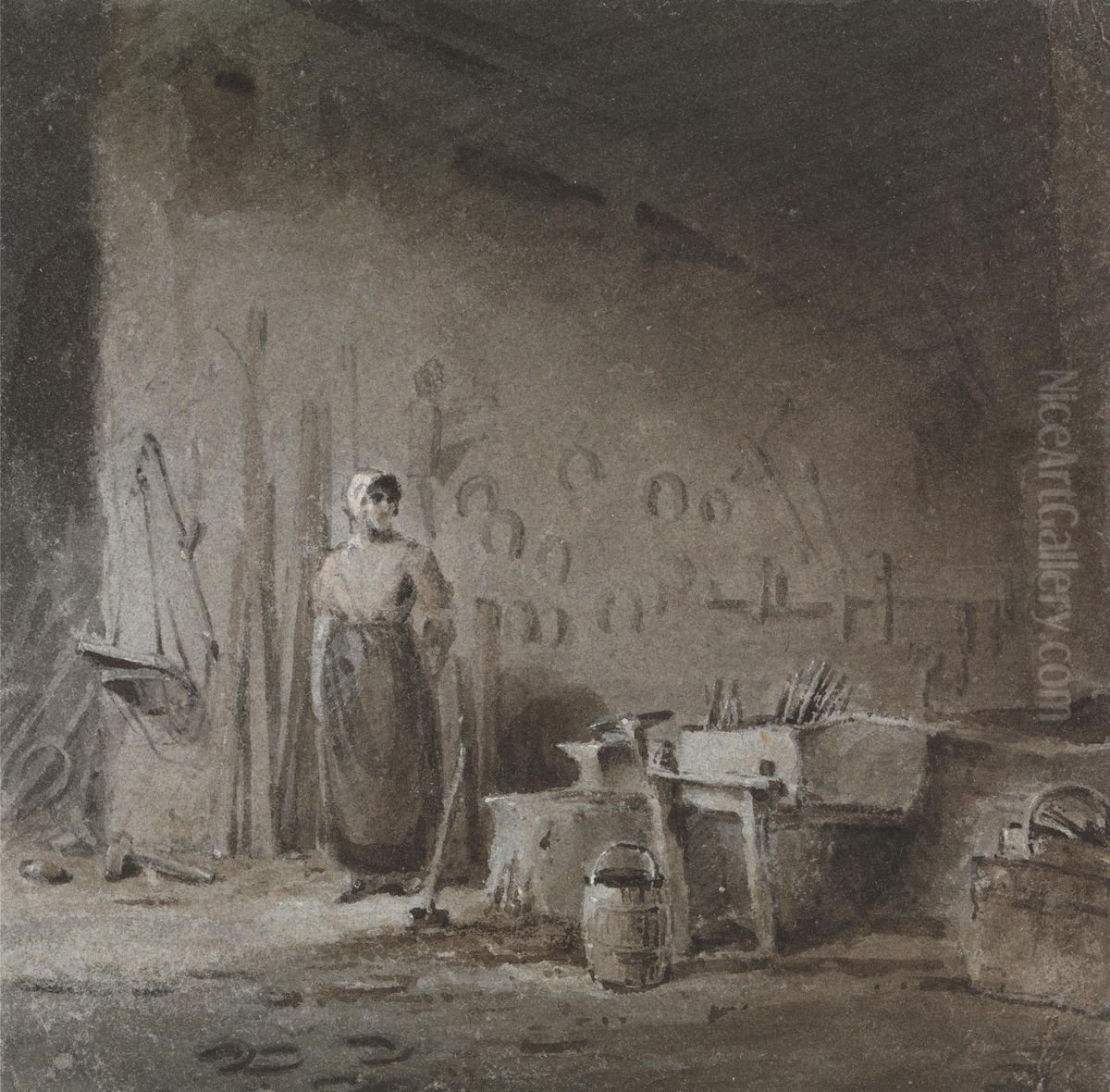 Interior of a Blacksmith's Forge Oil Painting by George Jones