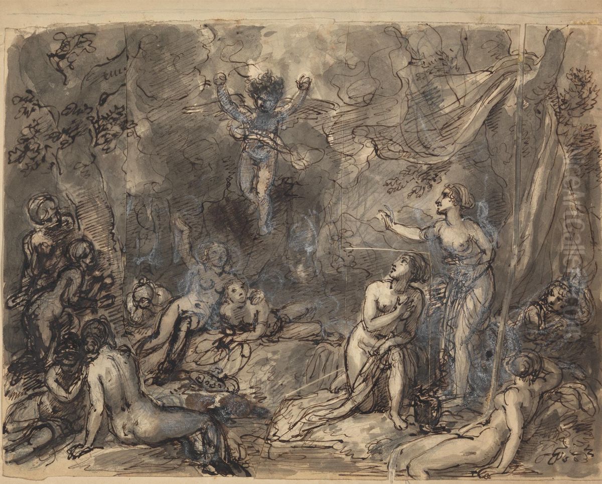 Study of Nude Figures in a Wooded Area Oil Painting by Robert Smirke