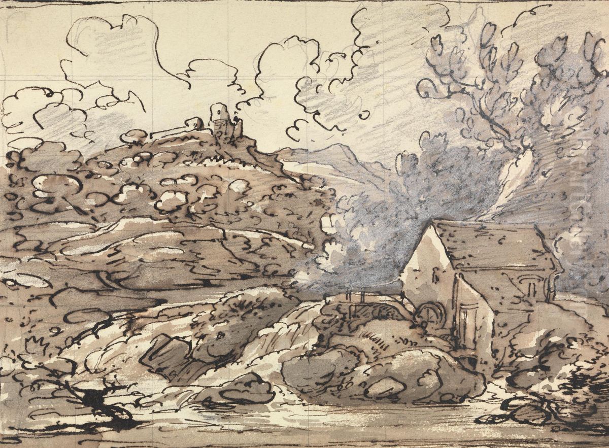 A Mill by a Waterfall Oil Painting by Joseph Farington