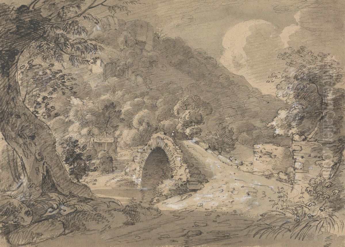Mountainous Landscape with a Bridge and House Oil Painting by Isaac Weld