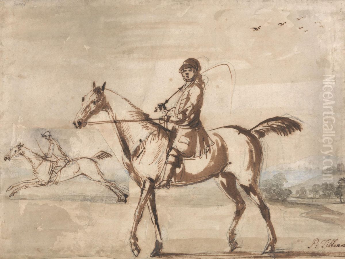 Horse and Rider Walking to Left in a Hilly Landscape Oil Painting by Peter Tillemans