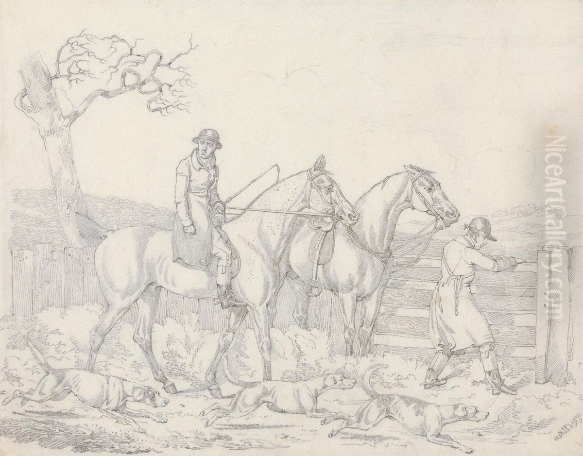Hunting -Ttwo Riders, One Opening a Gate For Hounds Oil Painting by Henry Thomas Alken
