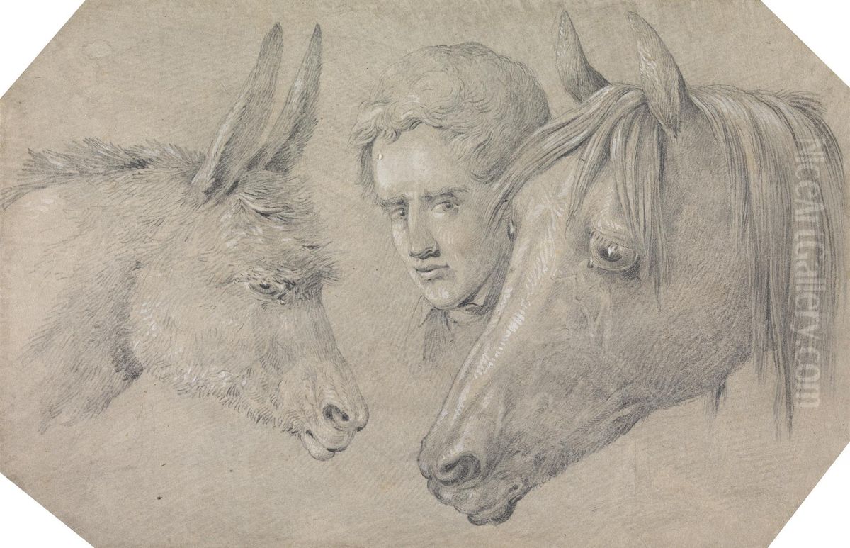 Head of a Stable Lad, Looking Between the Heads of a Horse, on His Left, and a Donkey, on His Right Oil Painting by Henry Thomas Alken